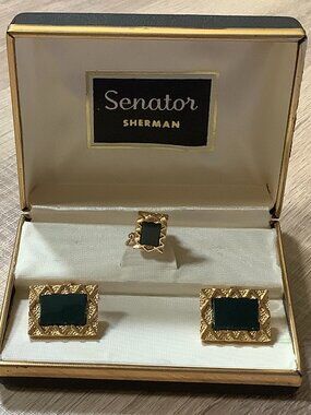 Senator by Sherman black cufflinks and matching tie pin set cuff links